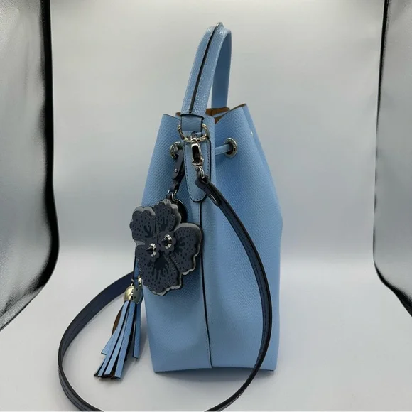 Henri Bendel Thompson Bucket Bag Periwinkle Blue Leather Shoulder Strap Charm